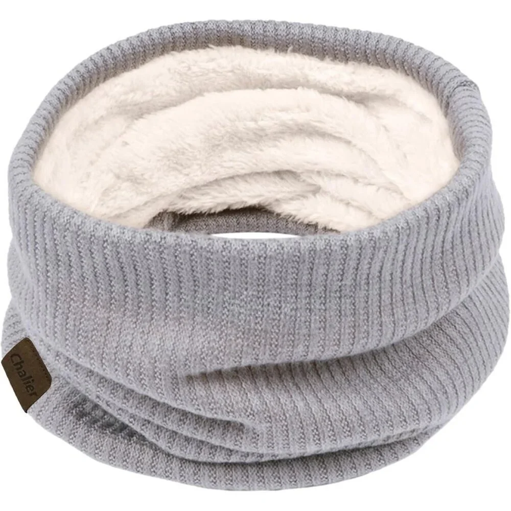 Women's gray Scarf Winter Double-Layer Neck Warmer Knit Fleece Lined Circle
